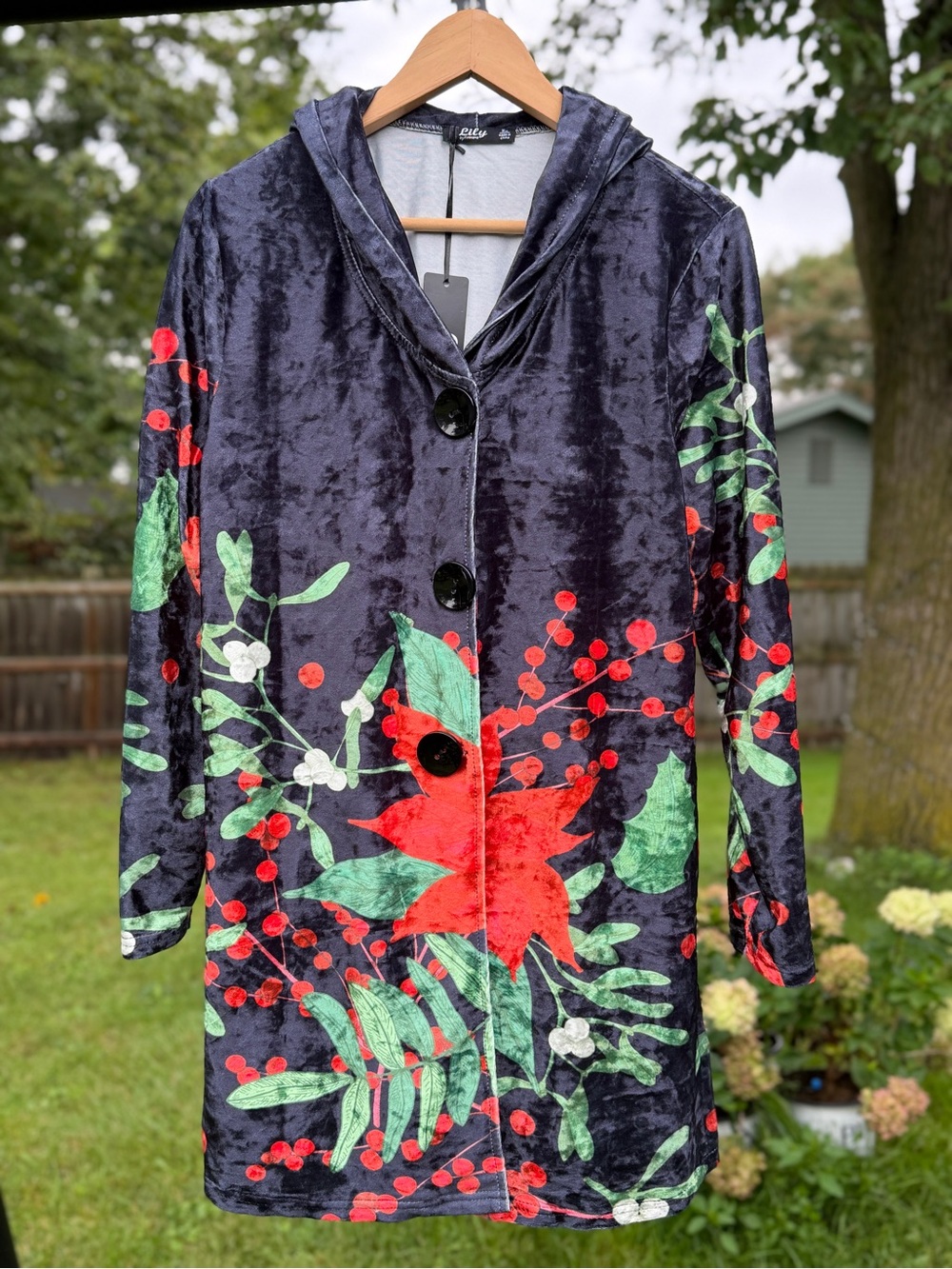 Lily by Firmiana Floral Velvet Hooded Cardigan Coat Womens XL Poinsettia Black